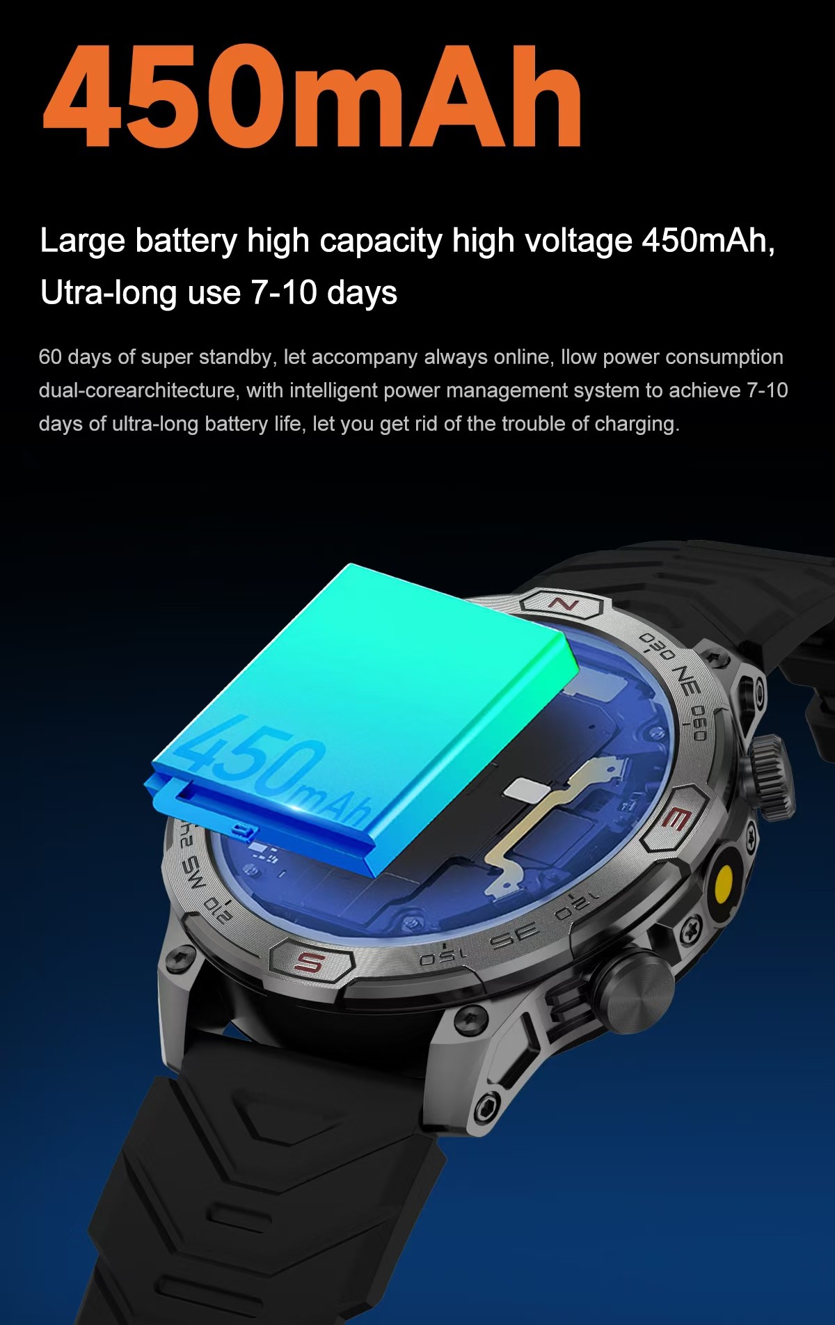 KC86 Men Smart Watch 1.43 Inch HD Large Screen BT Call Flashlight Compass Smart Watch 450mAh