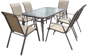 China Steel P Leg Garden Glass Table And Txetilene Stacking Chairs 7 Set wholesale