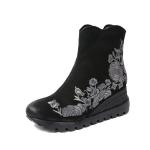 S028 New autumn and winter embroidered leather women's mid-boots wedge round toe