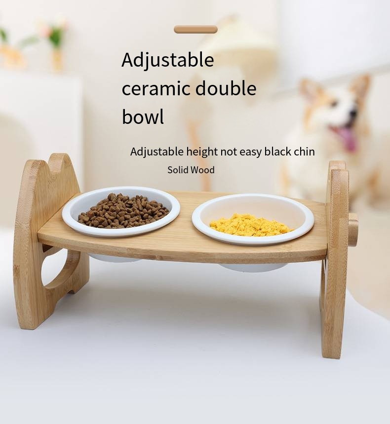 Bamboo Ceramic Bowl Cat Food Rack With Adjustable Height Double Pet Bowl Pet Supplies