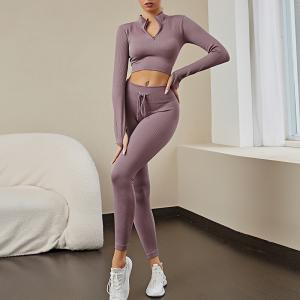 China Sports Knit Two-Piece Set Europe and The United States New Hip Lift Elastic Fitness Cross-Border Spring and Autumn Seamless Yoga Suit Women wholesale