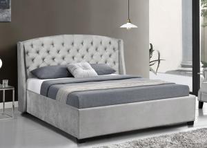 China Upholstered Wingback Plywood Bed Frame Dark Grey Velvet Wing Headboard Queen King on sale