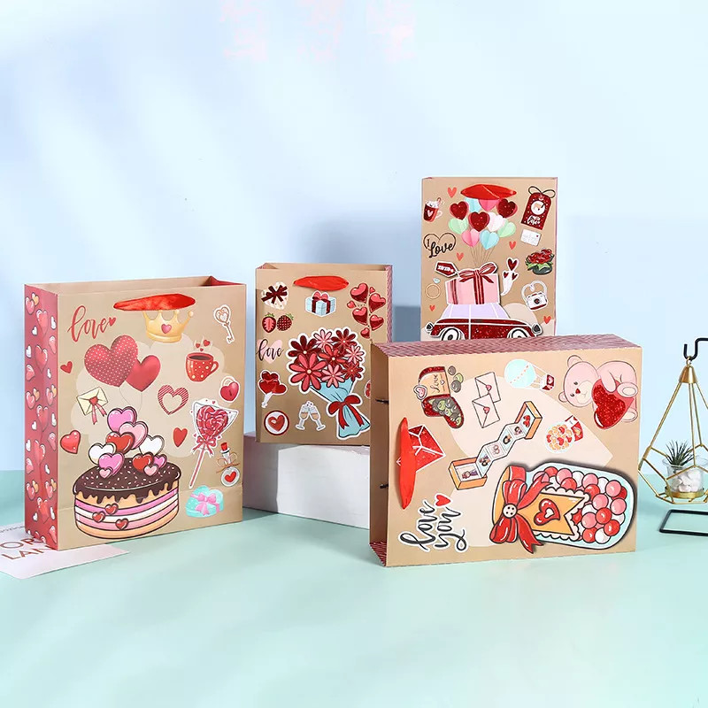 Ribbon Handle Christmas Kraft Paper Bags Decorating Paper Bag For Valentine'S Day