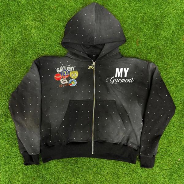 100% Cotton Crop Zip Up Hoodie Embroidery Patches Heavyweight Cool Streetwear