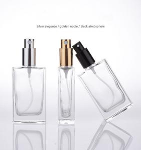 China Flat Square Glass Perfume Spray Bottles Metallic Pump 50ml Capacity Refillable wholesale