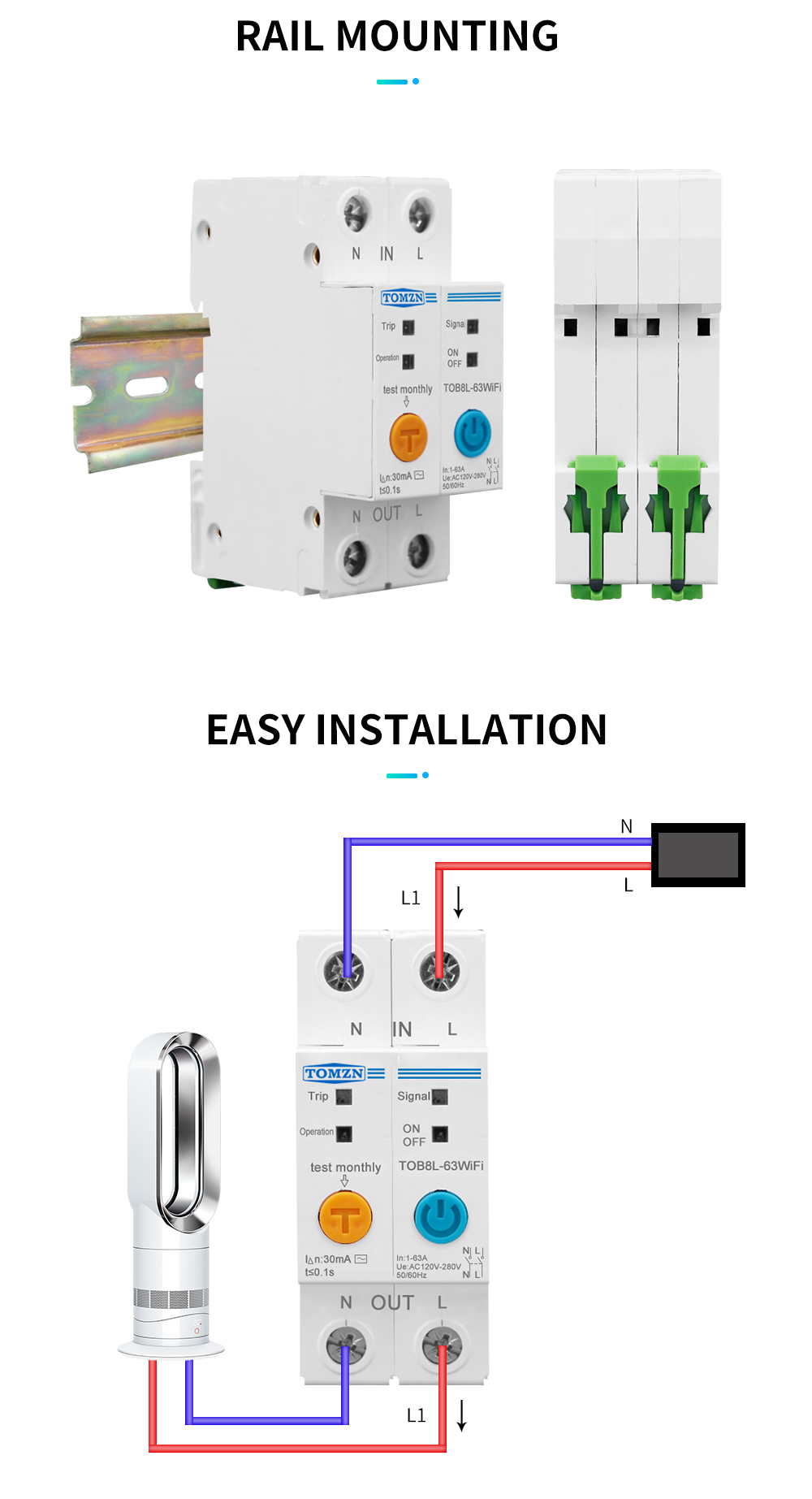 Intelligent WIFI Circuit Breaker with 2Poles 63A