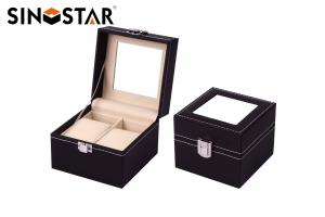 China Mens Black Leather Double Watch Box Display Glass Top Jewelry Case Organizer wholesale