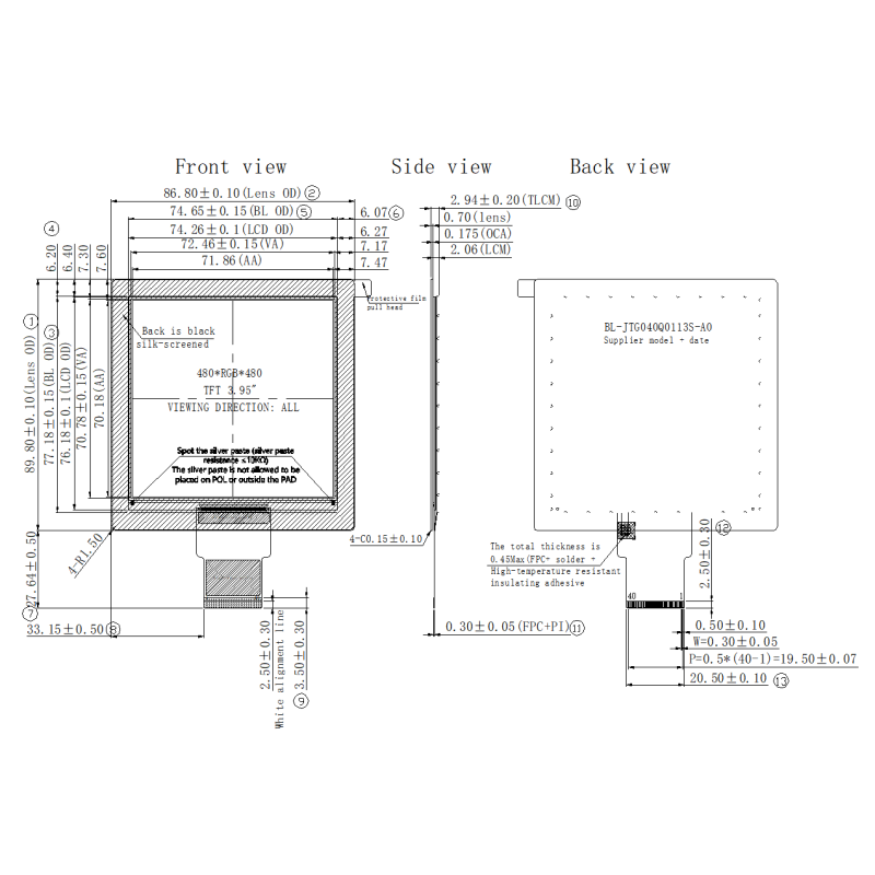 3.95 Inch Square LCD Screen 480×480 Resolution IPS Display Module 250Cd/M2 Luminance