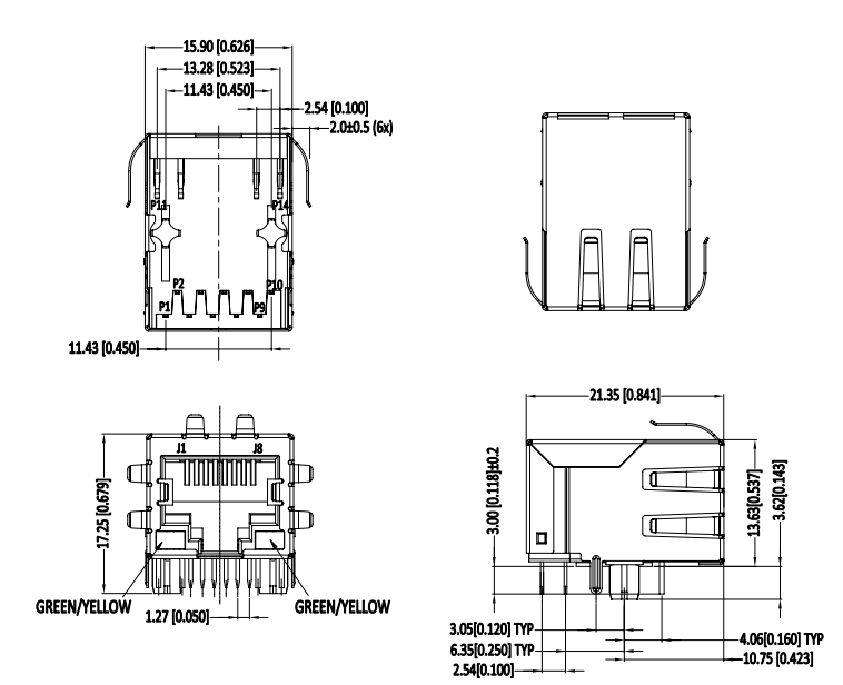 TE 2-2301994-4 Industrial RJ45 MagJack Cat 5e Shielded Right-Angle