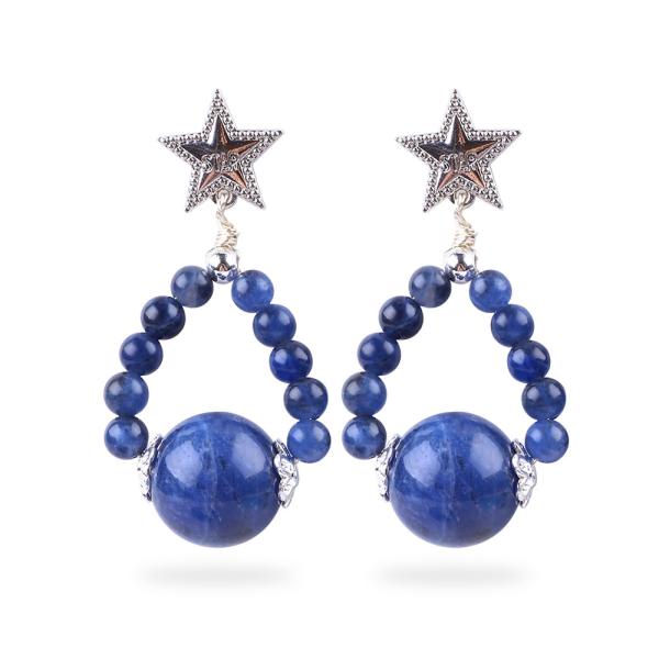 Handmade Crystal Stone Earrings Sodalite Gemstone Beaded Star Charms Pendant