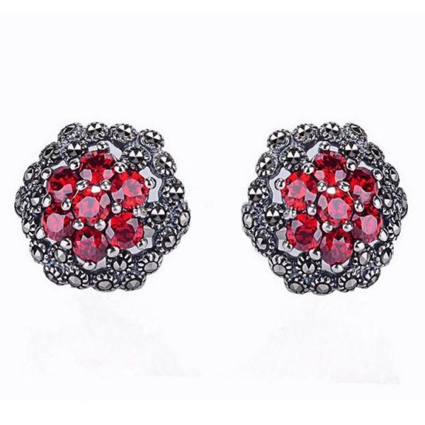 Thai Silver Jewelry 925 Silver Red Cubic Zirconia Marcasite Stud Earrings