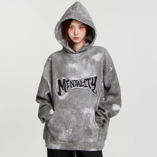 Support Customization Winter High Street Stickers Graffiti Dirt Stains Denim Oversized Hoodies Men's 3D Embroidery Heavy-duty