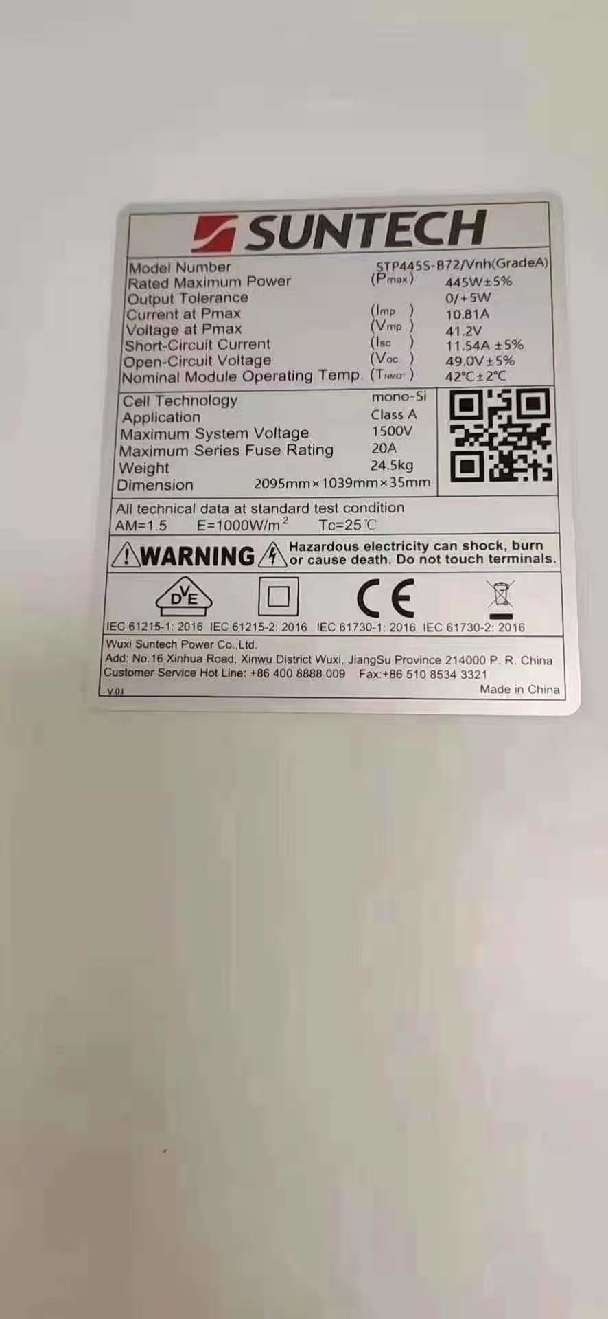 Ip65 A Grade Single Glass Solar Cell Panel 445W