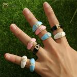 Colorful Enamel Diamond Letter Rings , Alphabet Zircon Gold Plated Chunky Rings