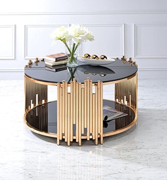 Marble Glass Top Gold Round Coffee Table With Storage Strike Deisgn