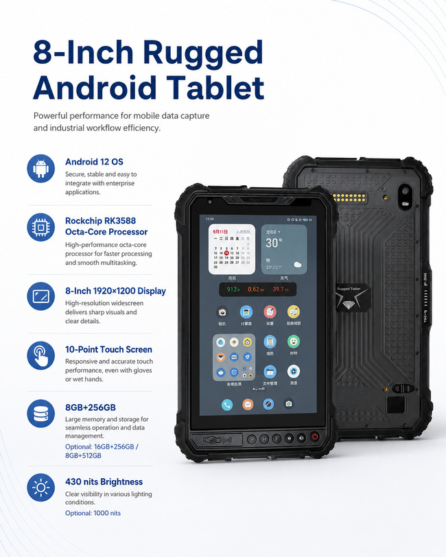 Industrial Android Tablet PC 8 Inch Connects Field Data Asset Tracking and Onsite Reports