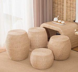 China Natural Straw Household Storage Stool Grass Woven Ottoman Box Eco-Friendly Hand-Woven Grass Rattan Stools wholesale