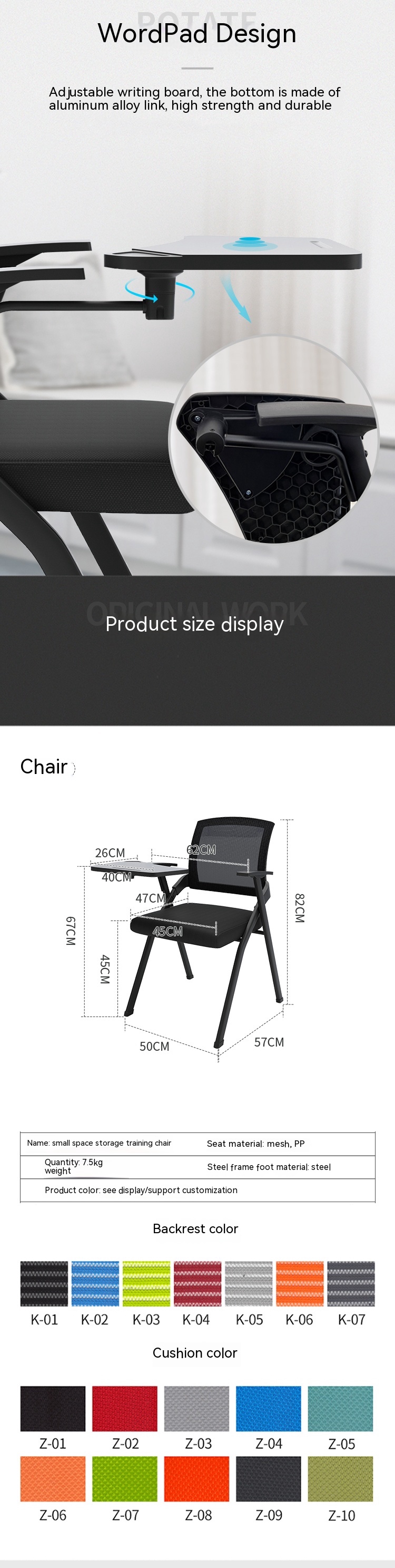 Office Upholstered Foldable Training Chair with Mesh Writing Pad and Tablet Arm